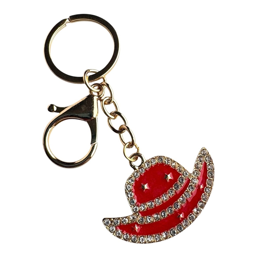 Red Gold Tone Rhinestone Cowboy Hat Key Chain 4" Western Bling Crystal